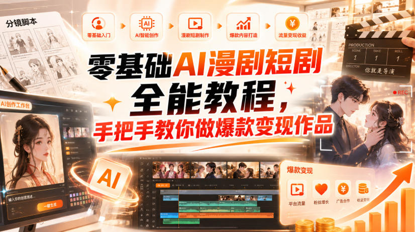 零基础AI漫剧短剧全能教程,从AI智能体搭建、文案脚本分镜、多平台AI生视频、剪映精修,覆盖全题材创作,手把手教你做爆款变现作品-锦程资源站