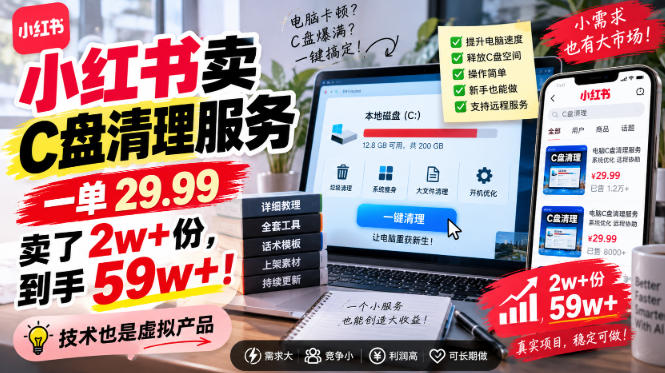 小红书卖C盘清理服务，一单29.99，卖了2w+份，技术也是虚拟产品-锦程资源站