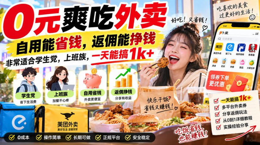 0元爽吃外卖，自用能省钱，返佣能挣钱，非常适合学生党，上班族，一天能搞1k+-锦程资源站