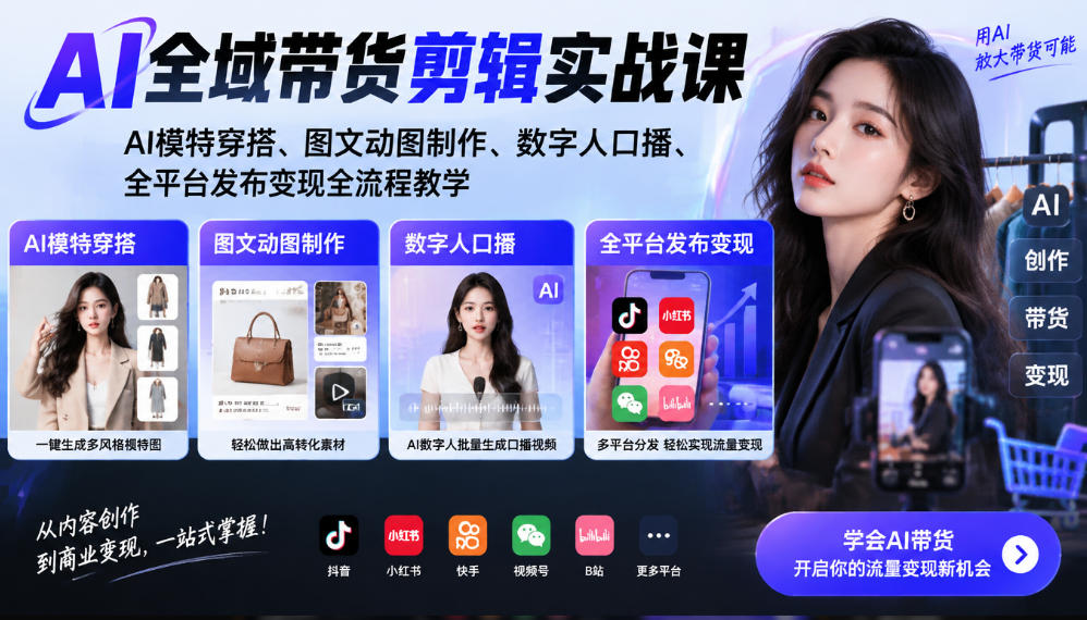 AI全域带货剪辑实战课｜AI模特穿搭、图文动图制作、数字人口播、全平台发布变现全流程教学-锦程资源站