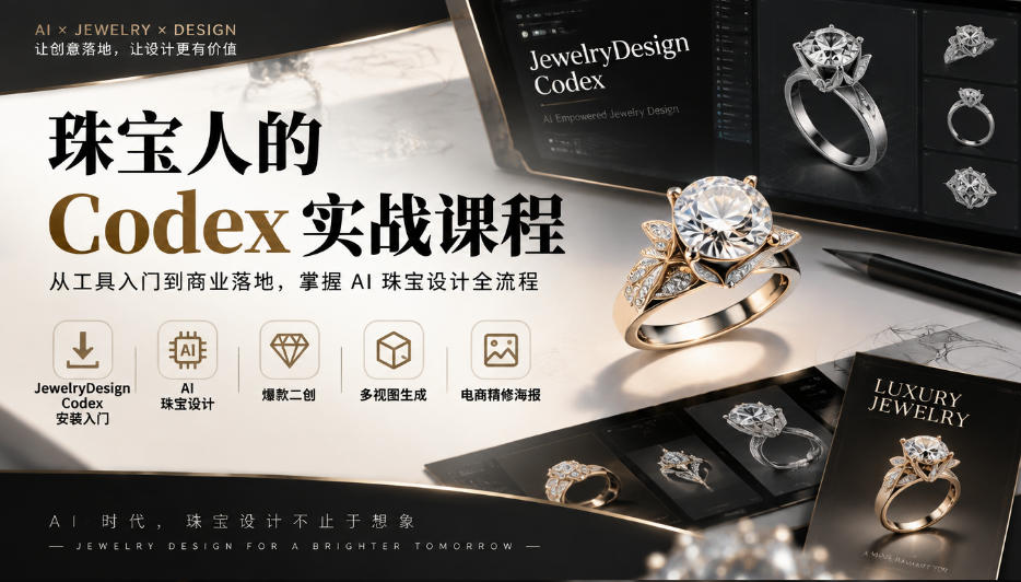 珠宝人的Codex实战课程｜JewelryDesign Codex安装入门、AI珠宝设计、爆款二创、多视图生成、电商精修海报全链路教学-锦程资源站