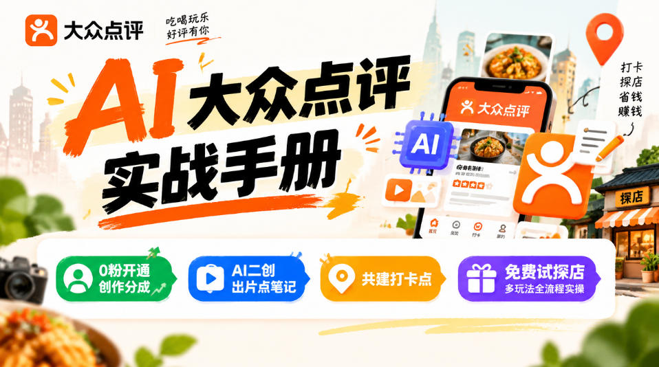 某局的AI大众点评实战手册，0粉开通创作分成、AI二创出片点笔记、共建打卡点、免费试探店多玩法全流程实操-锦程资源站
