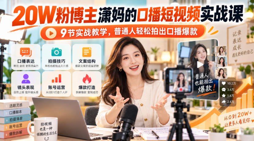 20W粉博主潇妈的口播短视频实战课，9节实战教学，普通人轻松拍出口播爆款-锦程资源站