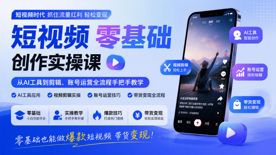 短视频零基础创作实操课，从AI工具到剪辑、账号运营全流程手把手教学，零基础也能做爆款短视频带货变现-锦程资源站