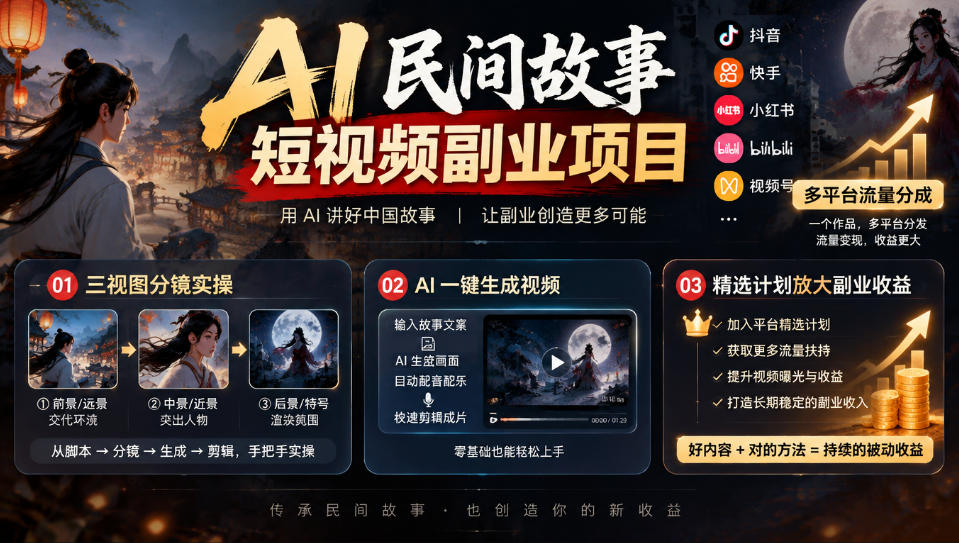 AI民间故事短视频副业项目，多平台流量分成，三视图分镜实操，精选计划放大副业收益-锦程资源站