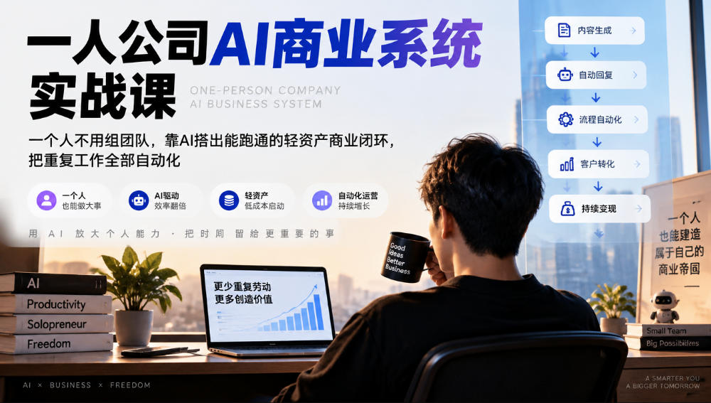 一人公司AI商业系统实战课，一个人不用组团队，靠AI搭出能跑通的轻资产商业闭环，把重复工作全部自动化-锦程资源站