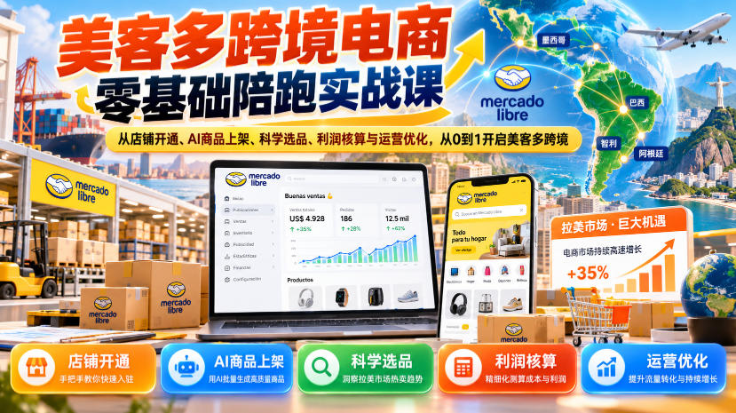 美客多跨境电商零基础陪跑实战课：从店铺开通、AI商品上架、科学选品、利润核算与运营优化，从0到1开启美客多跨境-锦程资源站