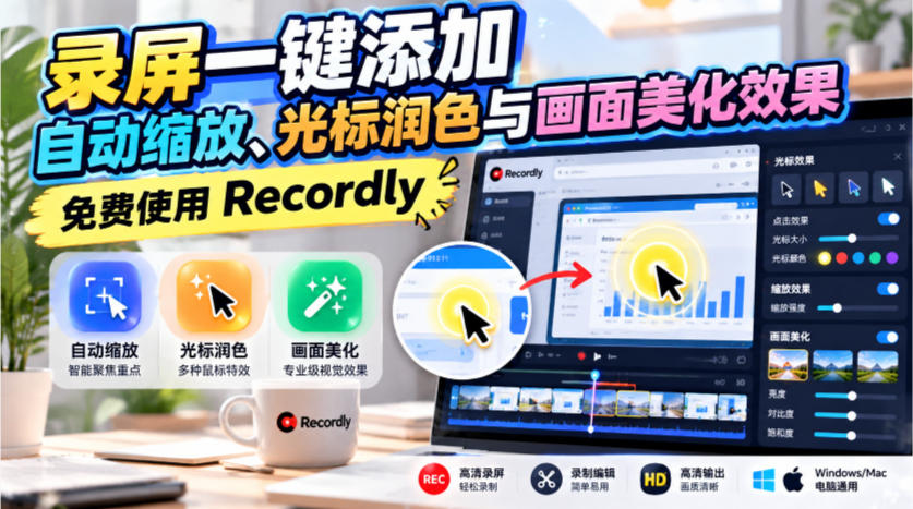 录屏一键添加自动缩放、光标润色与画面美化效果，免费使用Recordly-锦程资源站