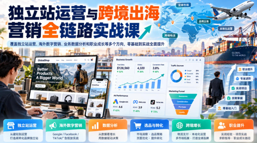 独立站运营与跨境出海营销全链路实战课，覆盖独立站运营、海外数字营销、业务数据分析和职业成长等多个方向，零基础到实战全面提升-锦程资源站