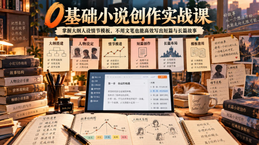 0基础小说创作实战课｜掌握大纲人设情节模板，不用文笔也能高效写出短篇与长篇故事-锦程资源站