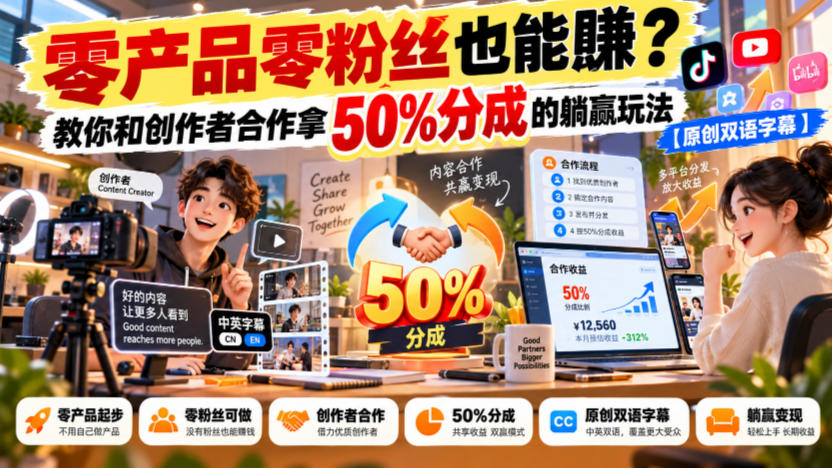 【无水印】零产品零粉丝也能賺？教你和创作者合作拿50%分成的躺赢玩法【原创双语字幕】-锦程资源站