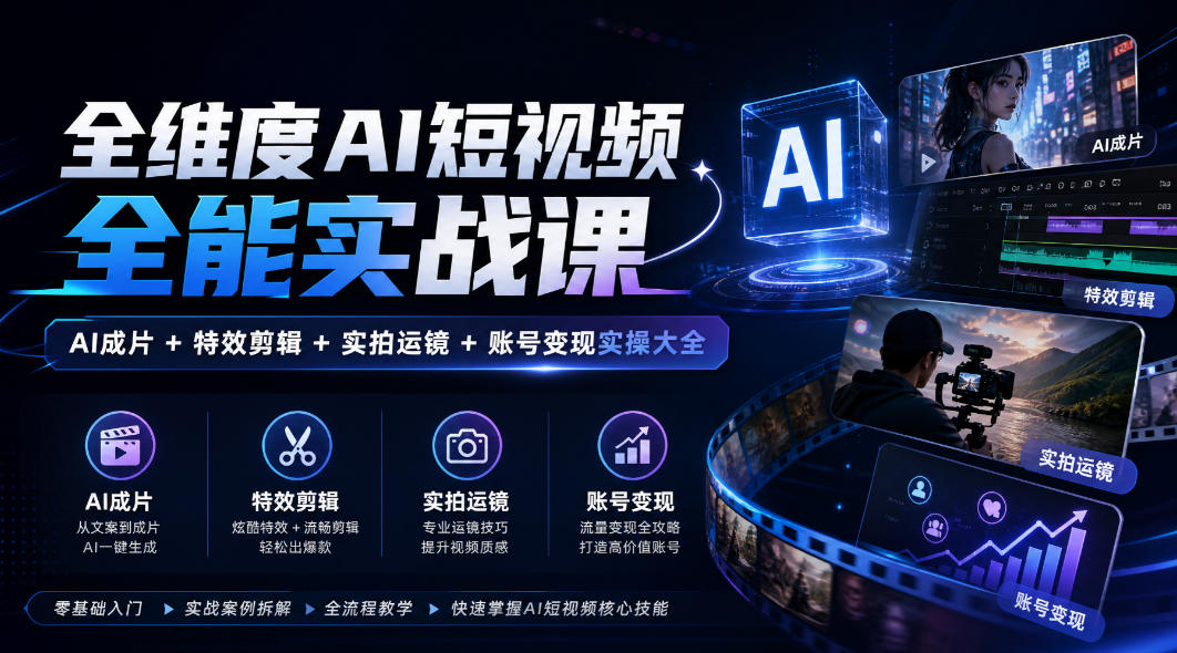 全维度AI短视频全能实战课，AI成片+特效剪辑+实拍运镜+账号变现实操大全-锦程资源站