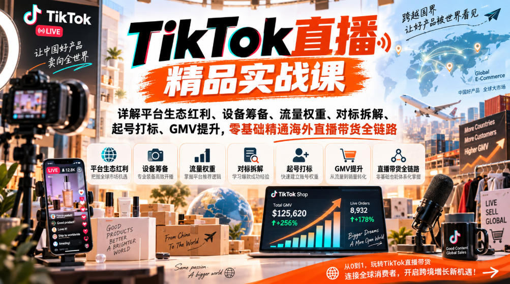 TikTok直播精品实战课，详解平台生态红利、设备筹备、流量权重、对标拆解、起号打标、GMV提升，零基础精通海外直播带货全链路-锦程资源站