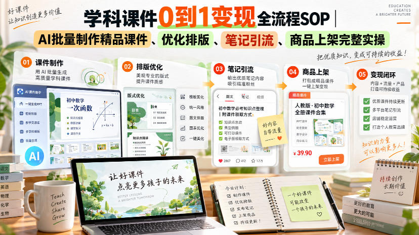 学科课件0到1变现全流程SOP｜AI批量制作精品课件、优化排版、笔记引流、商品上架完整实操​-锦程资源站