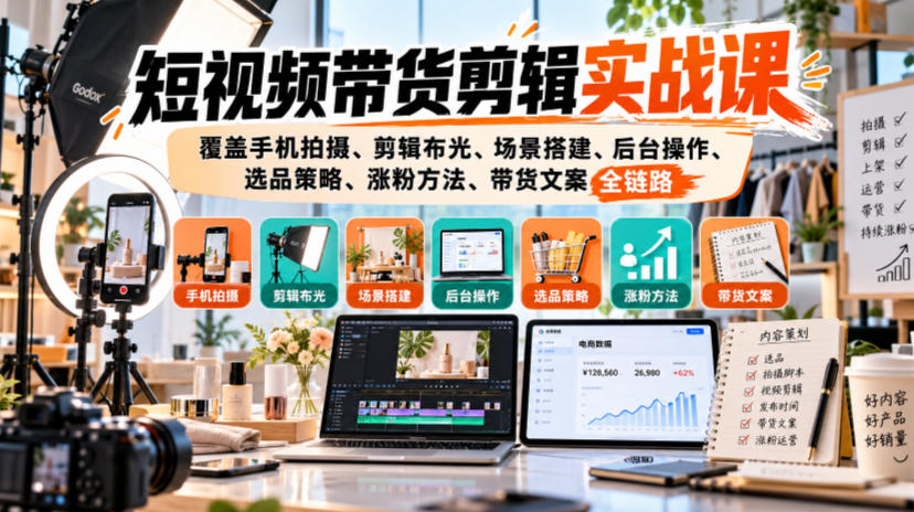 短视频带货剪辑实战课，覆盖手机拍摄、剪辑布光、场景搭建、后台操作、选品策略、涨粉方法、带货文案全链路-锦程资源站