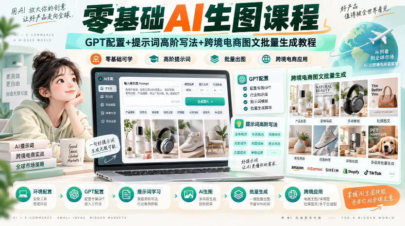 零基础AI生图课程，GPT配置+提示词高阶写法+跨境电商图文批量生成教程-锦程资源站
