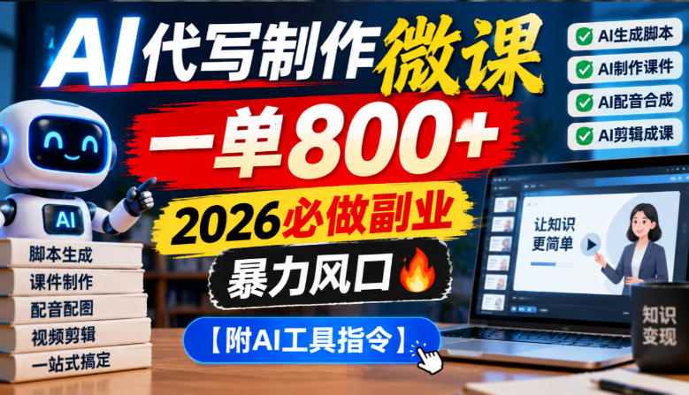AI代写制作微课，一单800+，2026必做副业，暴力风口【附AI工具指令】【揭秘】-锦程资源站