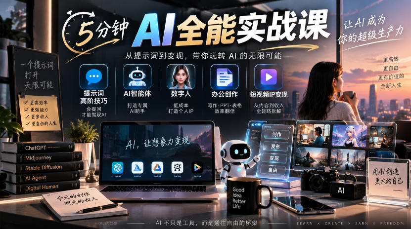 5分钟AI全能实战课｜提示词高阶技巧+AI智能体+数字人+办公创作+短视频IP变现全教程-锦程资源站