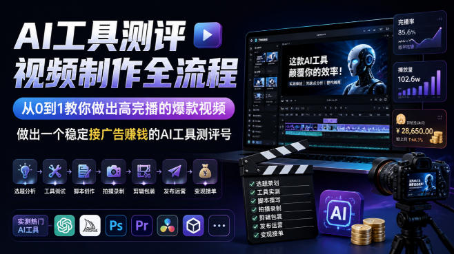 AI工具测评视频制作全流程，从0到1教你做出高完播的爆款视频，做出一个稳定接广告賺钱的AI工具测评号-锦程资源站
