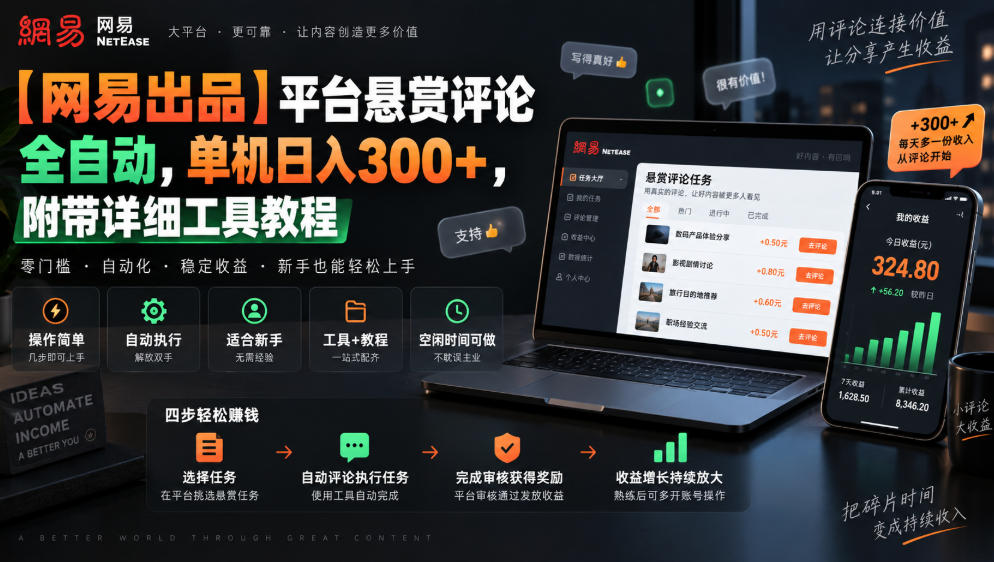 【网易出品】平台悬赏评论全自动，单机日入300+，附带详细工具教程【揭秘】-锦程资源站