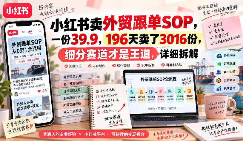 小红书卖外贸跟单sop，一份39.9，196天卖了3016份，细分赛道才是王道，详细拆解-锦程资源站