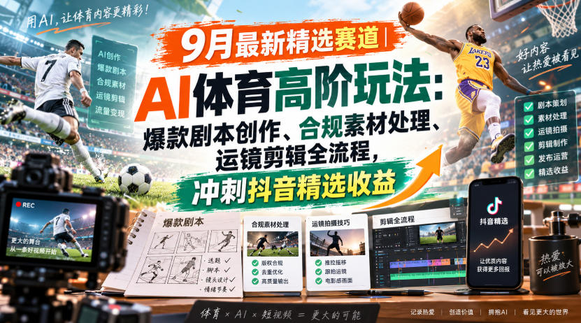 某大佬的9月最新精选赛道之AI体育顶级玩法，爆款剧本创作、版权规避、运镜剪辑全流程，稳拿抖音精选收益-锦程资源站