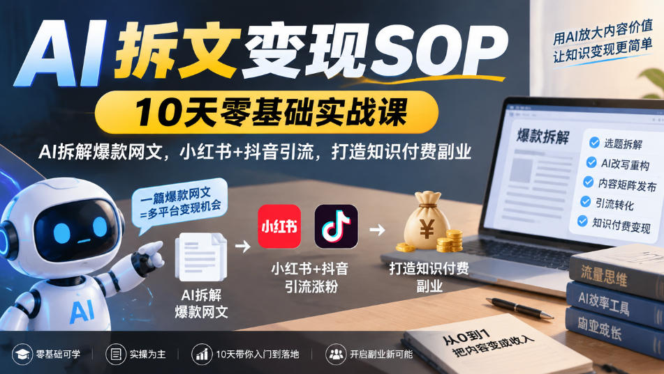 AI拆文变现SOP｜10天零基础实战课，AI拆解爆款网文，小红书+抖音引流，打造知识付费副业-锦程资源站