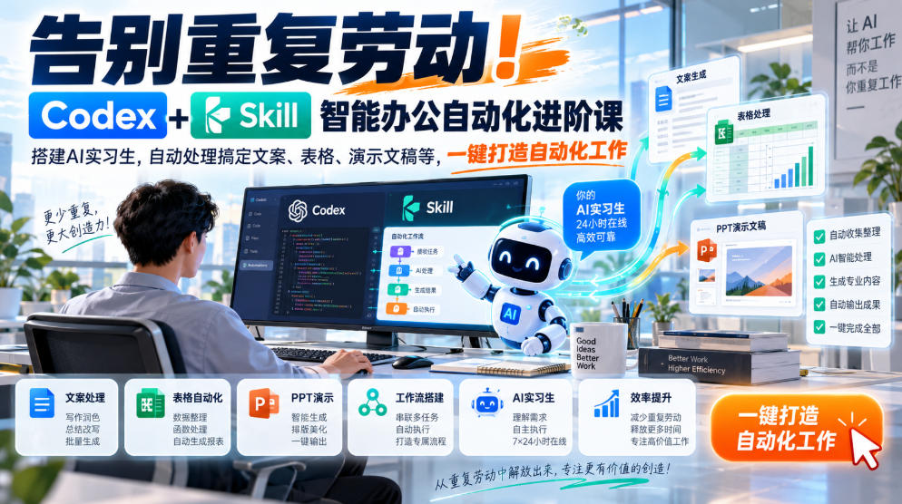 告别重复劳动！Codex+Skill智能办公自动化进阶课｜搭建AI实习生，自动处理搞定文案、表格、演示文稿等，一键打造自动化工作-锦程资源站