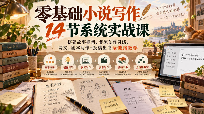 零基础小说写作14节系统实战课，搭建故事框架，积累创作灵感，网文、剧本写作+投稿出书全链路教学-锦程资源站