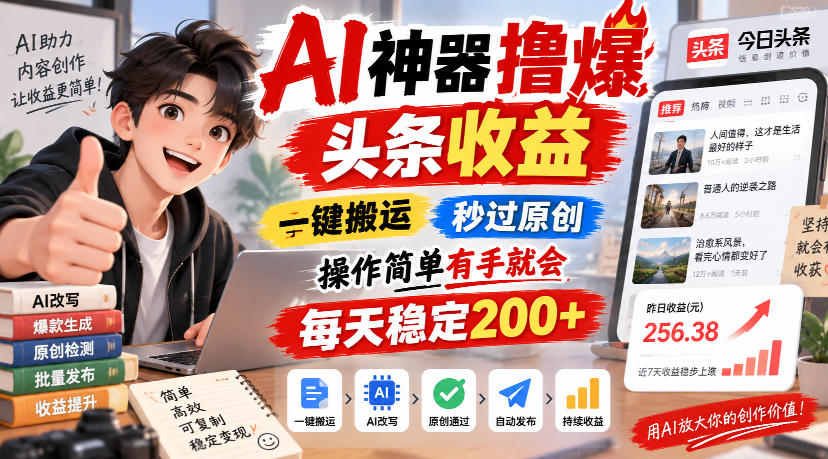 AI神器撸爆头条收益，一键搬运，秒过原创，操作简单有手就会，每天稳定200+【揭秘】-锦程资源站