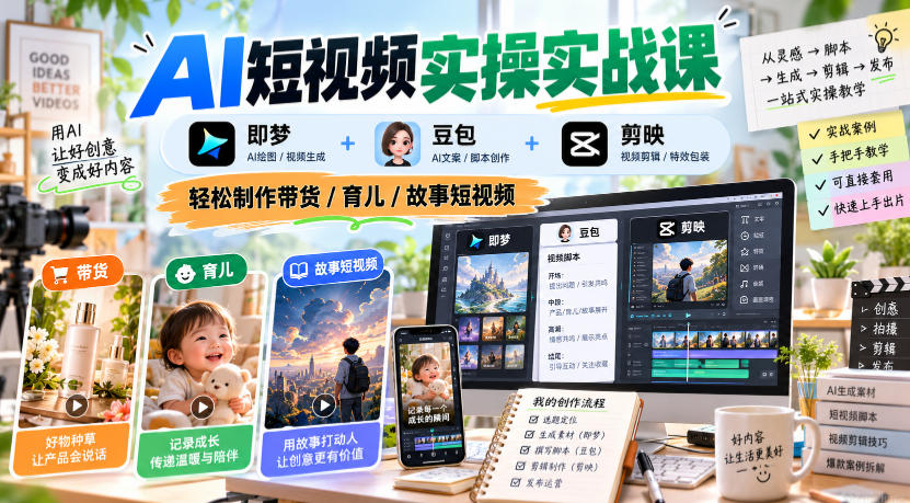 AI短视频实操实战课,即梦+豆包+剪映,轻松制作带货/育儿/故事短视频-锦程资源站