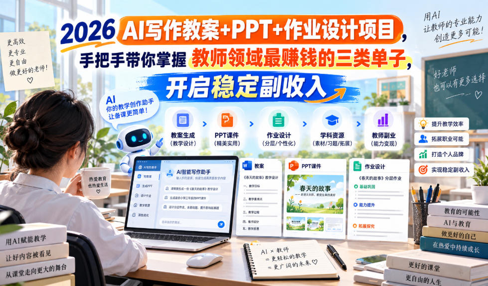 2026 AI写作教案+PPT+作业设计项目，手把手带你掌握教师领域最賺钱的三类单子，开启稳定副收入-锦程资源站