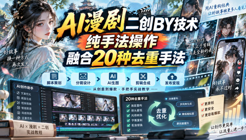 AI漫剧二创搬运技术，纯手法操作，融合20种去重手法-锦程资源站