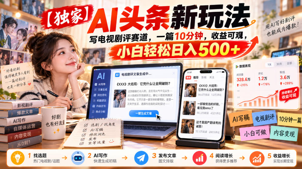 【独家】AI头条新玩法,写电视剧评赛道,一篇10分钟,收益可观,小白轻松日入500+-锦程资源站