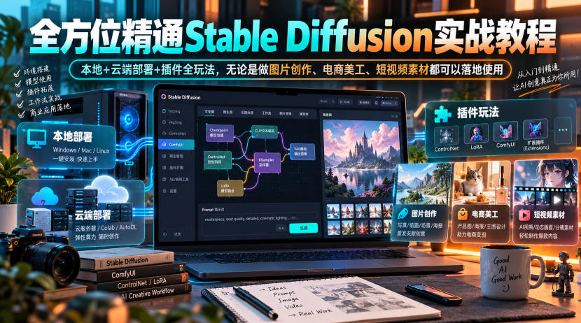 全方位精通Stable Diffusion实战教程|本地+云端部署+插件全玩法,无论是做图片创作、电商美工、短视频素材都可以落地使用-锦程资源站