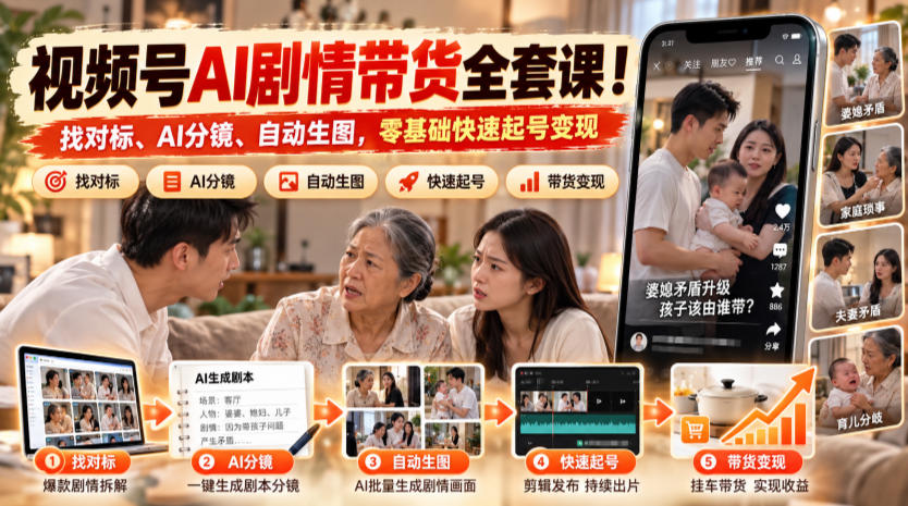 视频号AI剧情带货全套课！找对标、AI分镜、自动生图，零基础快速起号变现-锦程资源站