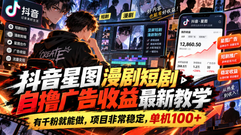 抖音星图漫剧短剧自撸广告收益最新教学，有千粉就能做，项目非常稳定，单机100+-锦程资源站