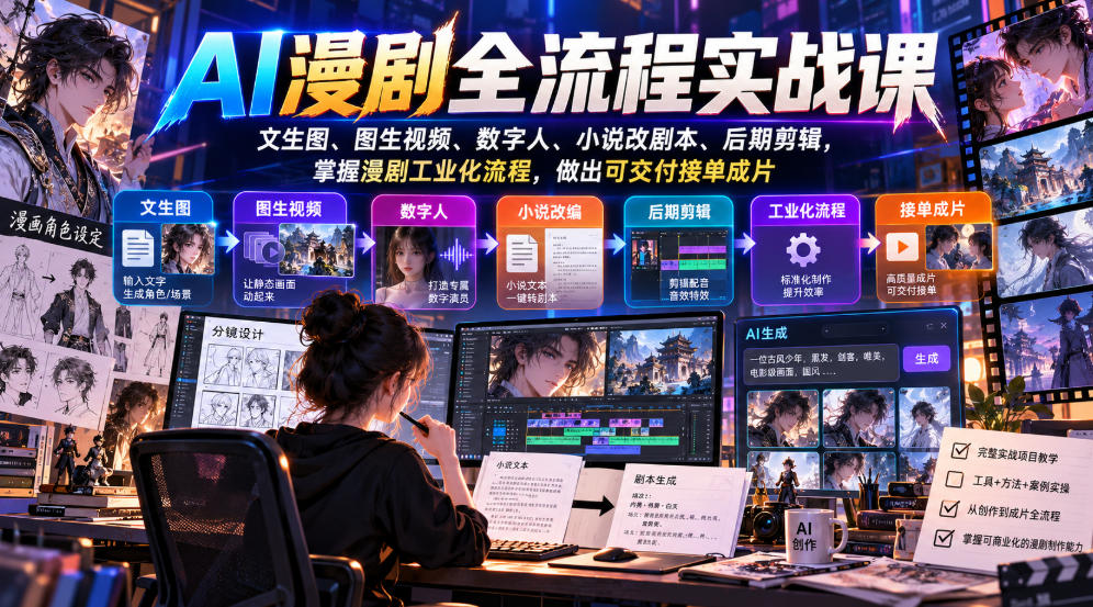 AI漫剧全流程实战课，文生图、图生视频、数字人、小说改剧本、后期剪辑，掌握漫剧工业化流程，做出可交付接单成片-锦程资源站