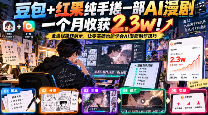 豆包+红果纯手搓一部AI漫剧一个月收获2.3w!全流程操作演示,让零基础也能学会AI漫剧制作技巧-锦程资源站