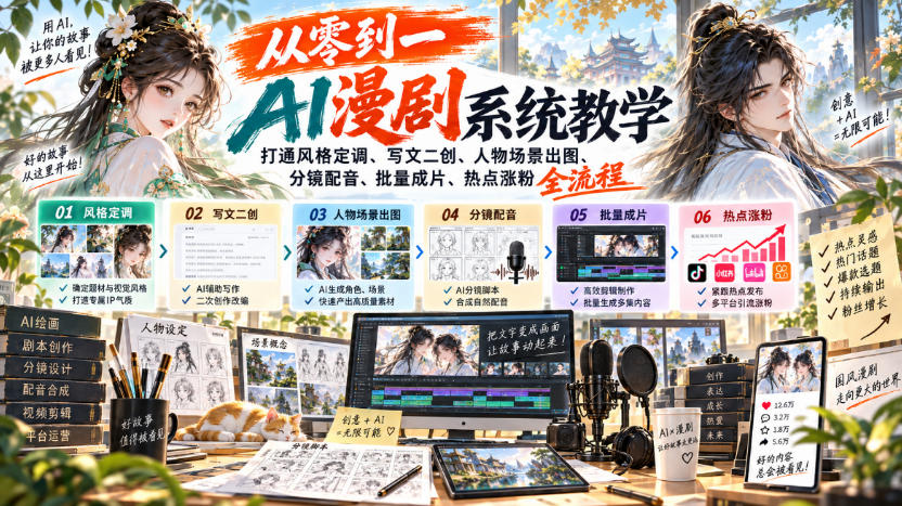 从零到一AI漫剧系统教学,打通风格定调、写文二创、人物场景出图、分镜配音、批量成片、热点涨粉全流程-锦程资源站