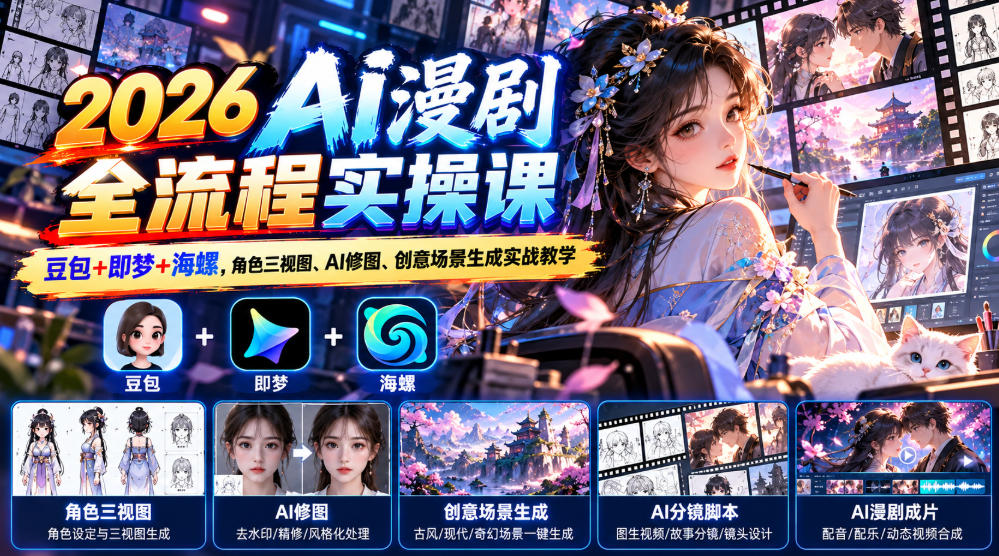 【无水印】2026 AI漫剧全流程实操课|豆包+即梦+海螺,角色三视图、AI修图、创意场景生成实战教学-锦程资源站