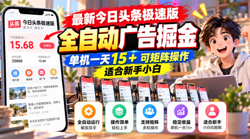 最新今日头条极速版全自动广告掘金,单机一天15+可矩阵操作适合新手小白-锦程资源站