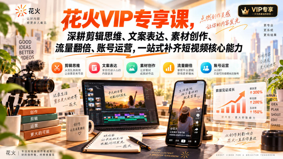 花火VIP专享课，深耕剪辑思维、文案表达、素材创作、流量翻倍、账号运营，一站式补齐短视频核心能力-锦程资源站