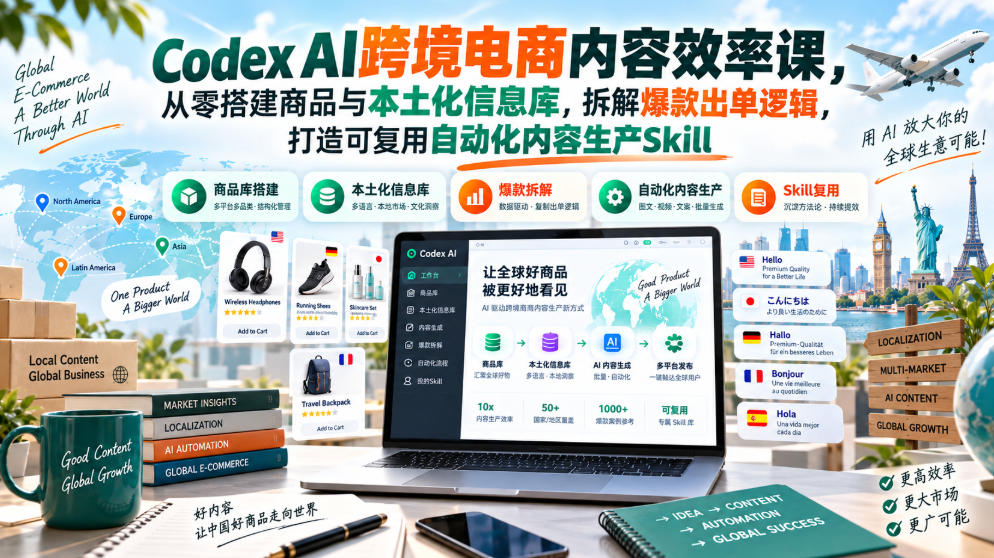 Codex AI跨境电商内容效率课，从零搭建商品与本土化信息库，拆解爆款出单逻辑，打造可复用自动化内容生产Skill-锦程资源站