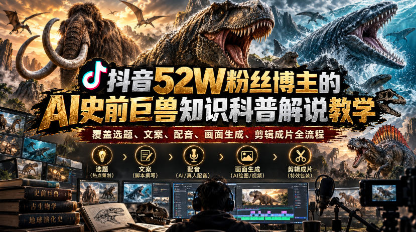 抖音52W粉丝博主的AI史前巨兽知识科普解说教学，覆盖选题、文案、配音、画面生成、剪辑成片全流程-锦程资源站