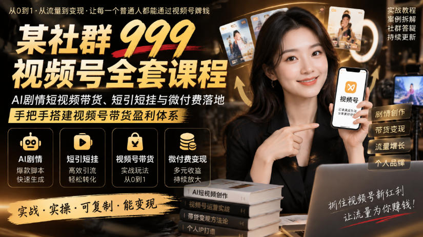 某社群999视频号全套课程，AI剧情短视频带货、短引短挂与微付费落地，手把手搭建视频号带货盈利体系-锦程资源站