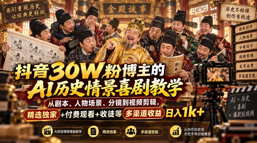 抖音30W粉博主的AI历史情景喜剧教学，从剧本、人物场景、分镜到视频剪辑，精选独家+付费观看+收徒等多渠道收益日入1k+-锦程资源站