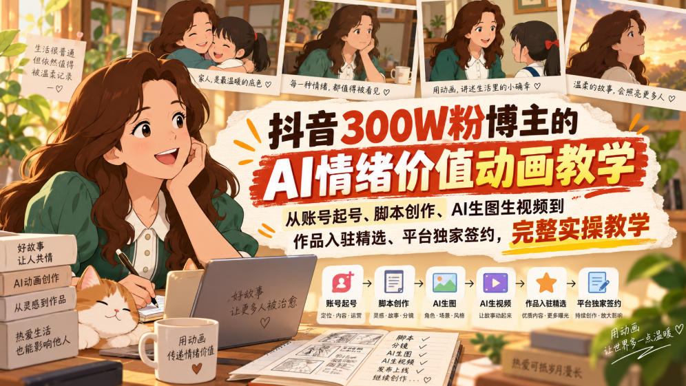 抖音300W粉博主的AI情绪价值动画教学，从账号起号、脚本创作、AI生图生视频到作品入驻精选、平台独家签约，完整实操-锦程资源站