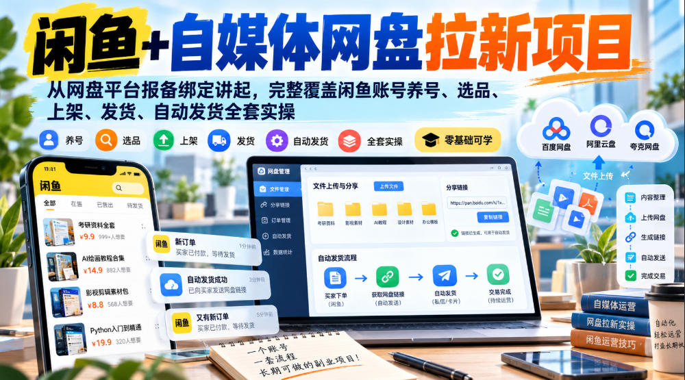 闲鱼+自媒体网盘拉新项目，从网盘平台报备绑定讲起，完整覆盖闲鱼账号养号、选品、上架、发货、自动发货全套实操-锦程资源站