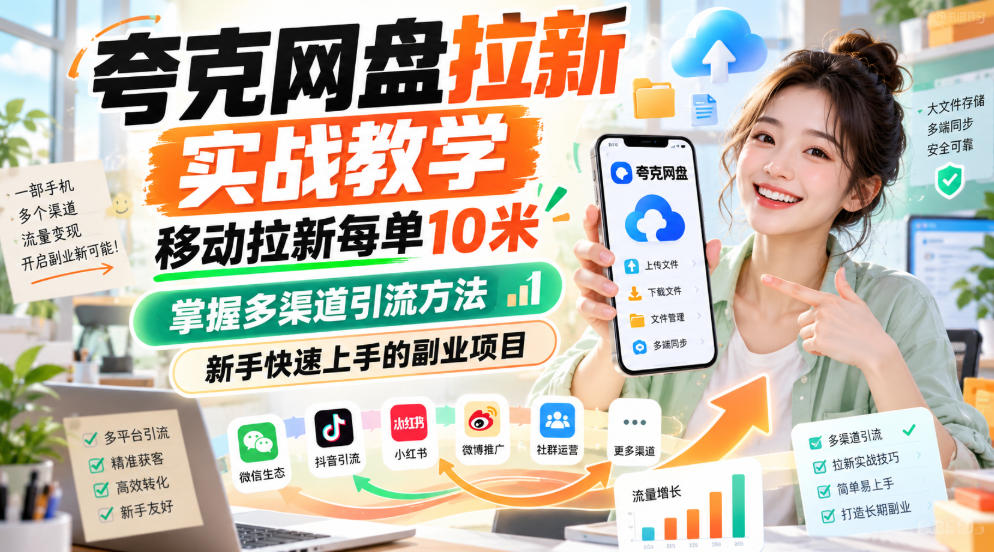 夸克网盘拉新实战教学，移动拉新每单10米，掌握多渠道引流方法，新手快速上手的副业项目（更新1028）-锦程资源站